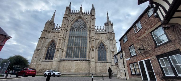 East end of York Minster - 15th C Great East Window, England's largest medieval stained glass window: view from College Street. Lady Chapel on the inside.