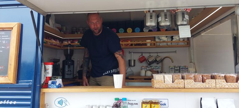 Mike in San Seb Coffee's 1958 Citroen van.     San Seb's coffee is from Rounton Coffee Roasters and the special on the day we enjoyed his beverages was from Ethiopia - see their Facebook page: https://www.facebook.com/sansebcoffee/?locale=en_GB      We would cycle through Rounton later.