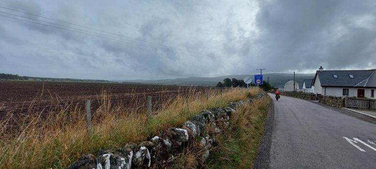 Nairn/Culloden Viaduct from Leanach. We had seen this near Clava Cairns on Day 31. I took this and more photos before realising we would pass under it.  To revise Day 31 route slightly to include the Cumberland Stone (100ft/30m to the left at the previous junction with the B9006) - said to have been the breakfast table then viewing point for the head of the British army at the 1746 Battle of Culloden. https://canmore.org.uk/site/14202/culloden-moor-cumberlands-stone