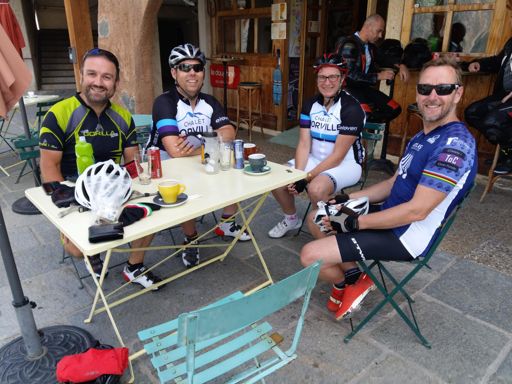 Members of the unofficial Bourg d'Oisans expat cycling club at coffee in Villard Reculard.