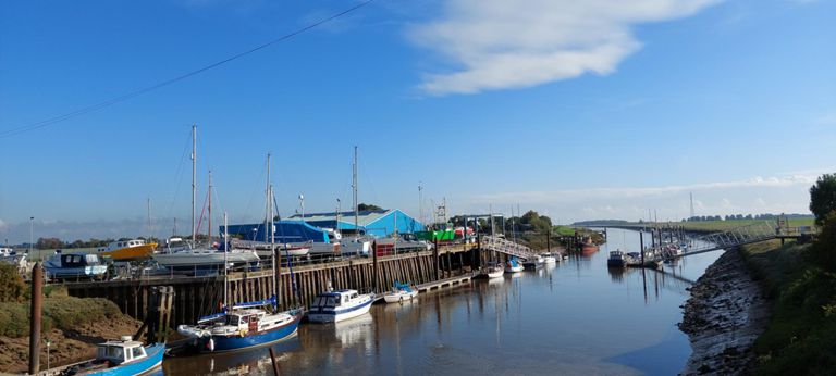 Fosdyke Bridge over River Welland, 65 miles, starting in Northamptonshire, flowing NE to The Wash near this point.  https://en.wikipedia.org/wiki/River_Welland
