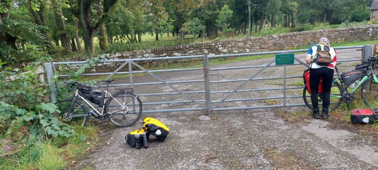 After we got our bikes over the locked gate.  This requires a re-route staying on the A949 till a right via a roundabout onto an initially sufficient though narrowing cycle lane beside the A9  and the easiest way south via the Dornoch Firth Bridge. The alternative would be quieter, back over the Bonar Bridge, reversing parts of Day 32's route till the B9176.