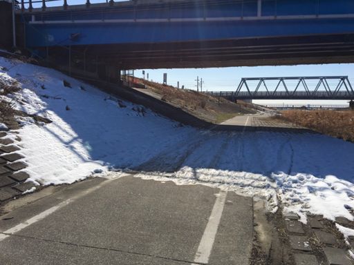 左岸流山橋下はツルツルに凍ってました