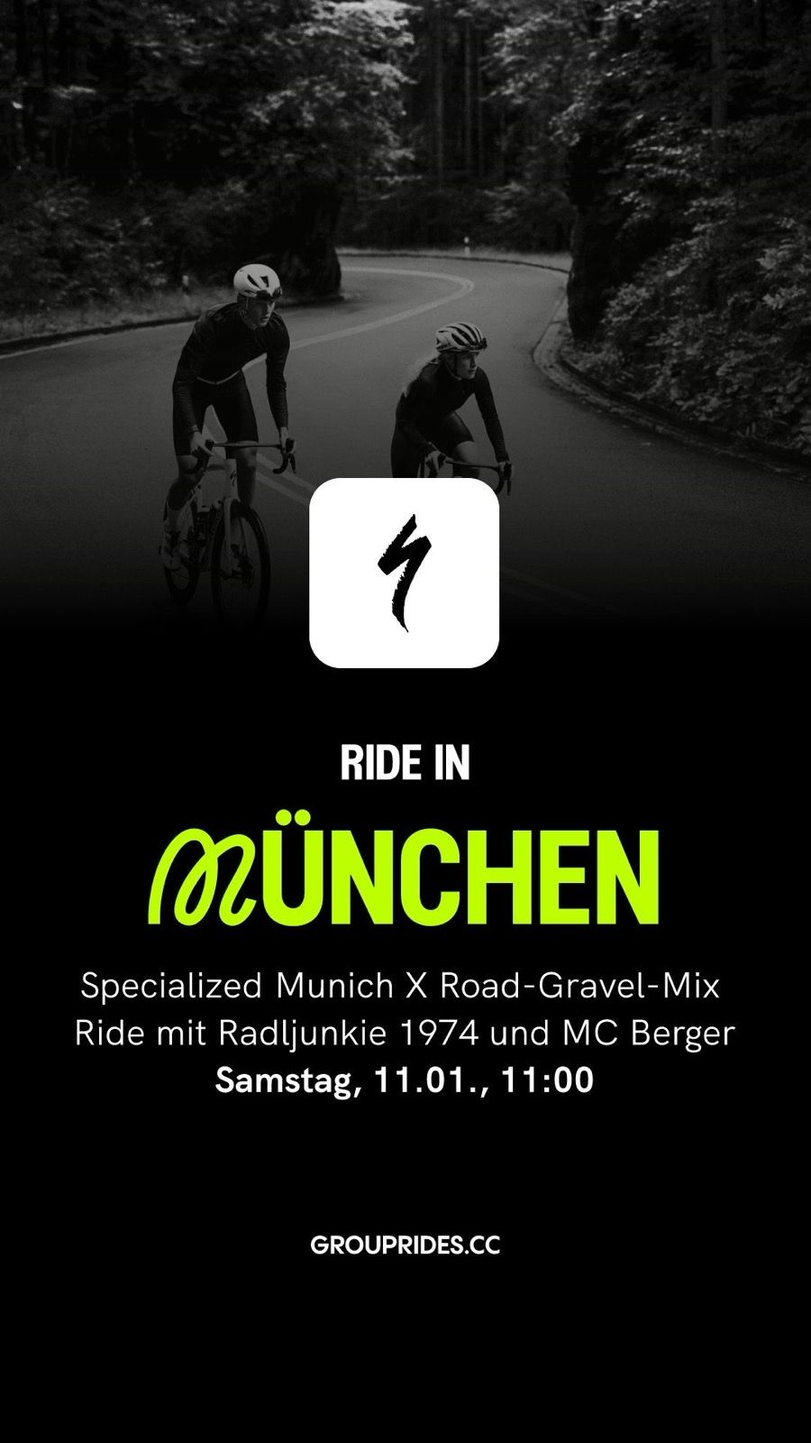 Wir wünschen euch allen ein gutes und vor allem gesundes neues Jahr! Wir hoffen ihr seid alle gut rübergerutscht. Um die gefassten Neujahrsvorsätze auch gleich entsprechend umzusetzen gibt es nach der Winterpause des Specialized Munich Stores direkt wieder einen Road-Gravel-Mix mit Radljunkie 1974 und ganz neu: MC Berger.

Da ihr ein paar Tage Pause hattet, starten wir gemütlicher in die Saison mit rund 70km und einer Pace von 27km/h.

Danach könnt ihr Euch wieder im Specialized Store in München bei Kaltgetränken und Kaffee stärken.

Wir freuen uns auf Euch!

Euer Specialized Munich Team

Anmeldung: https://www.grouprides.cc/dashboard/specialized-munich-x-road-gravel-mix-ride-mit-radljunkie-1974-und-mc-berger-2025-01-10