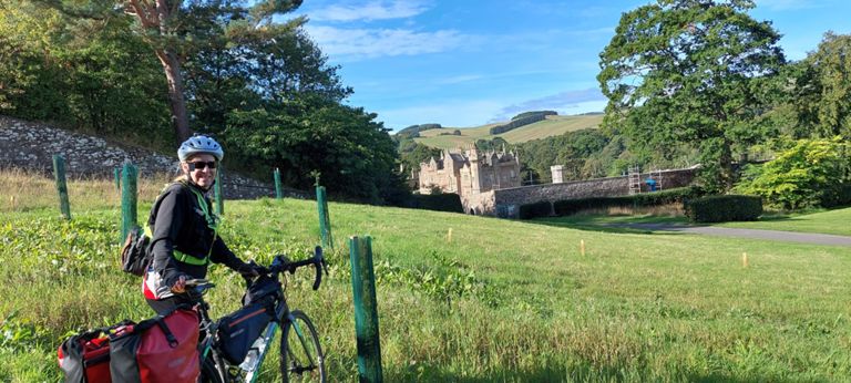 We met a couple at Tweedbank railway station looking for Sir Walter Scott's Abbotsford House and elected to add this to our itinerary. I should have followed Lorraine, today's leader, and instead went a long way there. There being an entry charge, we climbed a hill for the best free view, having explored a walk trail round the other side. Had we known, we could have looked from the hotel grounds. The Canmore entry includes many internal and external photos: https://www.scottsabbotsford.com & https://canmore.org.uk/site/55750/abbotsford-house
