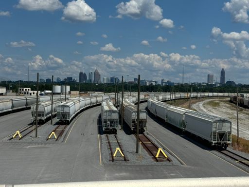 First view of skyscrapers after following the new part of the Silver Comet for a while and then jumping on a deserted connector road through the railroad complex 