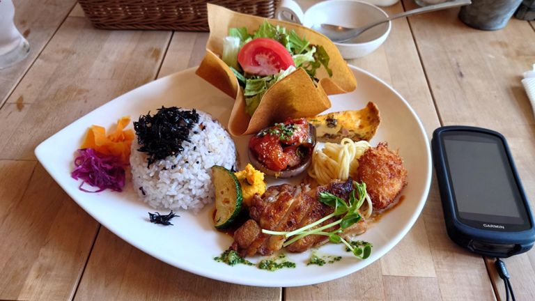 ハンバーグ、カレー、鉄板パスタと悩み、つみきプレートを注文♪　メインは鶏を選択。　サラダは春巻きの皮を揚げた器に入っていて、これを崩しながら食べる。食感がなかなかよかった。　鶏には2種類のソースがついていて、手前のバジルソースが👍だった。