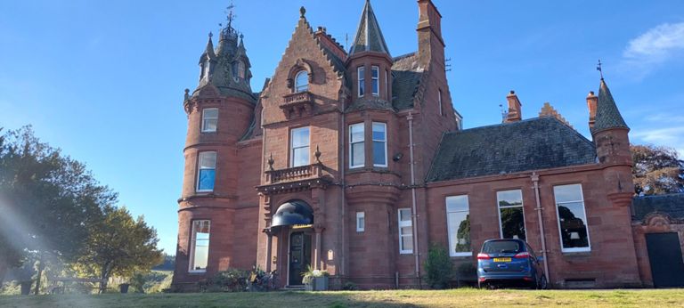 Kingknowles Hotel. Good service  from staff with pride in their work. From the Canmore entry: "This fine baronial mansion was commissioned by the [textile] mill owner Adam Lees Cochrane of Netherdale Mill to be built on the high ground overlooking his mill in the valley to the Northeast [in Dale Street,  on the bank of Gala Water] and Abbotsford to the South [on the other side of the River Tweed]. William Hay, later of Hay and Henderson, designed the red sandstone house 1868-9 with an enthusiastic approach to style incorporating Gothic, French and Scottish details..." https://canmore.org.uk/site/99759/galashiels-kingsknowe-drive-kingsknowes-hotel & https://portal.historicenvironment.scot/designation/LB31983