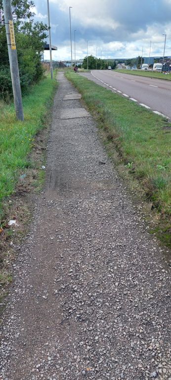 We cycled to Cove Bay and along Cove Road, where I stopped seeing Lorraine was not behind me. She was at its post office. Whilst waiting, Tesco deliverer Ian stopped to see if I needed directions. We got chatting. He and his son are cyclists - so I told him about the route - a future possibility. We joined this A956 cycle path, which got worse. The road was too busy to be an option.