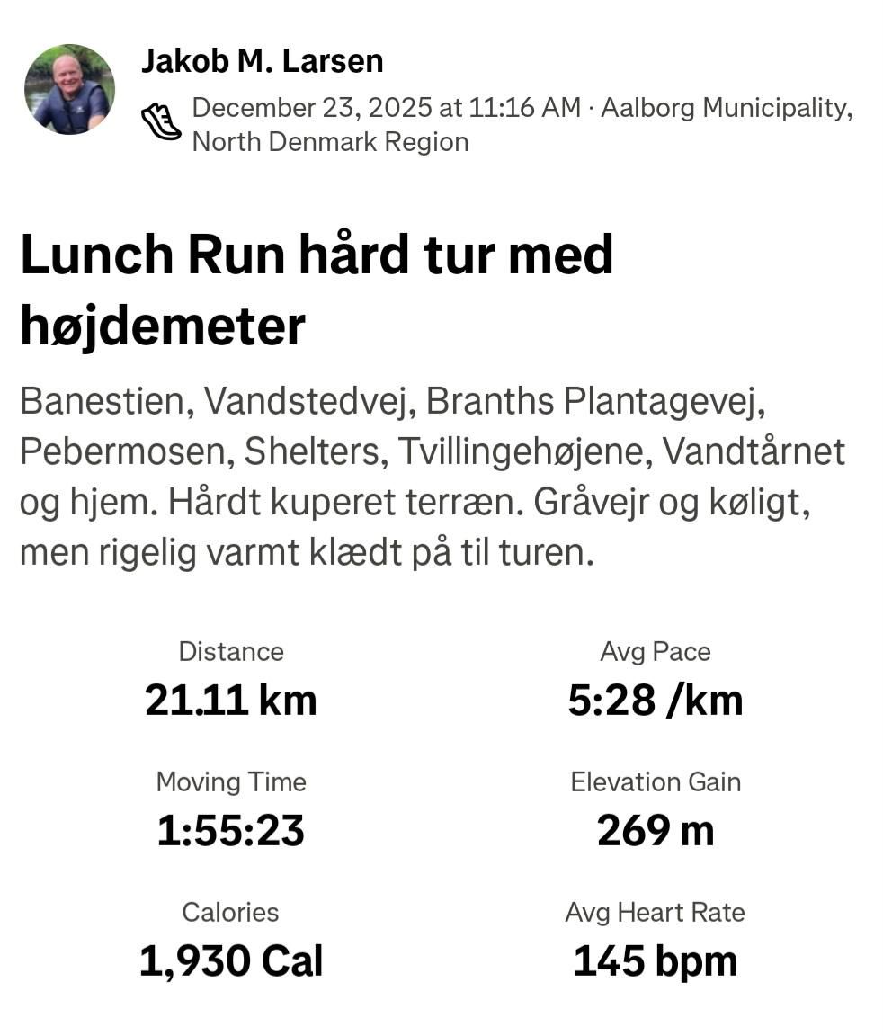 Løbeturen, identisk rute, fra Lille juleaften. Væsentligt langsommere da, så selvom jeg i dag egentlig var træt allerede inden turen, var jeg åbenlyst friskere på turen alligevel, bortset fra de sidste par km.