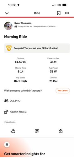 Screen shot of my watch data from 2 miles of riding. 
