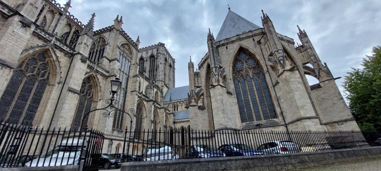 Going counter-clockwise round the minster: view from Minster Yard, looking south west towards the centre. Octagonal building is the Chapter House, its original function being a meeting place for the day-to-day running of the minster (according to Google).