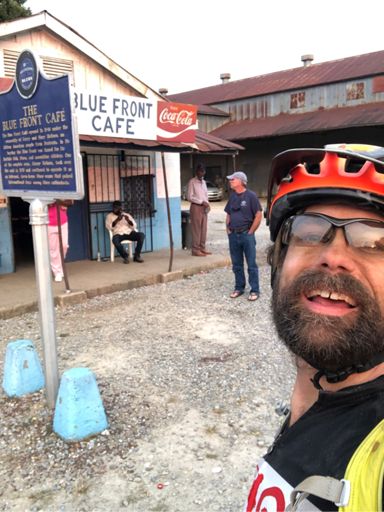 Blue front cafe selfie at the finish line in Bentonia. This cafe was the birthplace of style of music known as the Bentonia Blues.