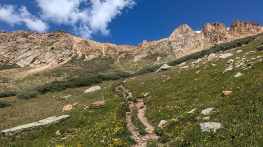 Looking up the dirt slope in the upper basin below the SW Ridge. One of the nastiest dirt slopes I've encountered on any standard or semi-standard 14er route. Visible high up on the slope are "cat scratches" where people have blazed their own trail through the tundra. The "true" trail lies just below it and to the left (somewhat visible in this image). You just have to face it at a certain point, there's no easy way up La Plata.