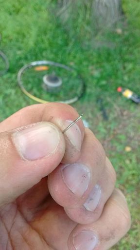 Всем привет! Наконец-то выдался летний погожий денёк, с уверенным бездождливым прогнозом на день. Значит пора в море! Всё было хорошо, ехали не спеша, на Жукова потер Джамику бока сеном, стерев наиболее зловеще очаги вчерашних грязевых ран, потом купил  0.5 кваса в Теремке за 71 руб. (вон и на фото виден) в Автово, а потом на Говорова Джамик словил вот такую штуку в заднее колесо. :-( Всё руки не доходят заднюю покрышку с передней местами поменять, эх. Под боком оказался живописный парк и мы отправились туда. 20 минут я горевал, 10 минут ушло на ремонт камеры. Кстати, на что похож сей предмет? Не на кусочек щетки для уборки улиц? Еле вытащил из покрышки!