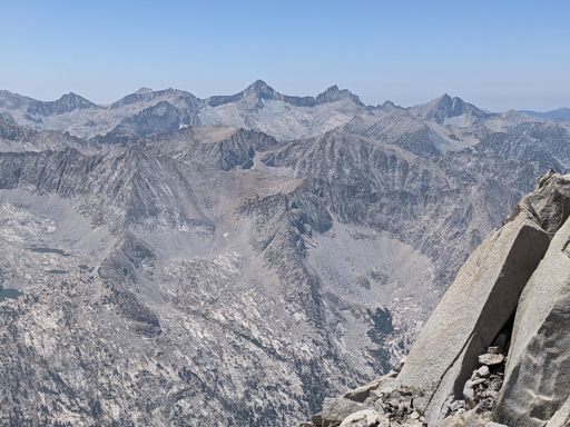 Great Western Divide, R to L: Mount Farquhar, North Guard, Mount Brewer, South Guard, and Longley Pass from University Peak. Videttes in foreground.