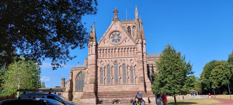 Approaching via Castle Street the Lady Chapel of Hereford Cathedral, Cathedral Church of St Mary the Virgin and St Ethelbert the King. Built 1107-1148. https://www.herefordcathedral.org/our-history