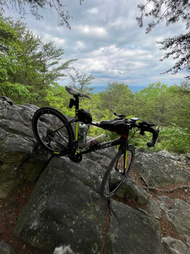 Moorman mountain overlook, bike precariously wedged.