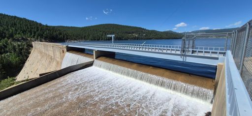 Spillway open at Barker Meadow Reservoir. Boulder Creek was raging.
