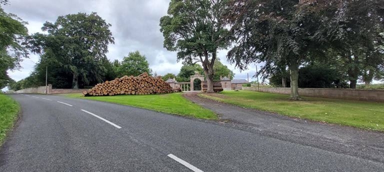 Lumber neatly piled outside the grand 1799 West Lodge of Ladykirk House on the B6437, with a lion on top.  https://canmore.org.uk/site/59528/ladykirk-house-west-lodge
