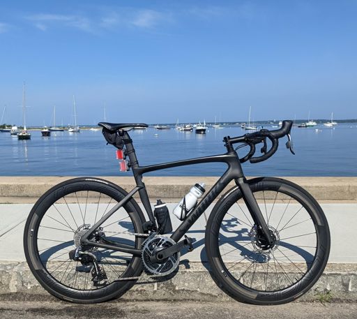 Specialized Tarmac SL-7.  Back at it before summer ends.  I like the look of the wheels.  Notice the extra immediately.  I don't like that at times.