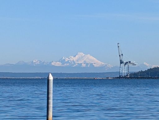 Mt Baker with Indian Island naval magazine loading gantry in the foreground