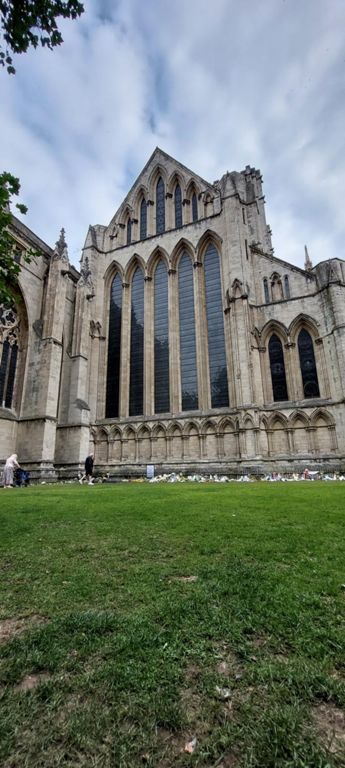 Five Sisters Window.   Mid-1200s.  Restored and rededicated 1923-1925  to acknowledge all women of the British Empire who lost their lives in WW1. Website includes inside view.  https://yorkminster.org/discover/stories/story/the-sisters-window-for-the-sisters/