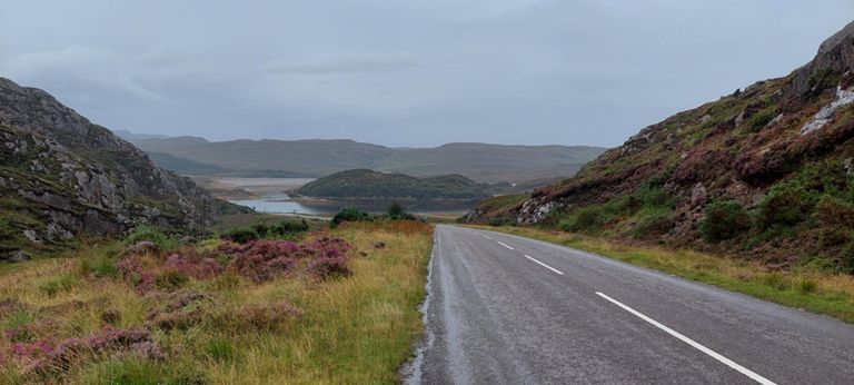 Laxford Bay opening into Loch Laxford, the (North) Minch beyond that then the Atlantic. "Laxford" = salmon fjord in old nordic languages. https://en.wikipedia.org/wiki/Laxford#Loch_Laxford & https://en.wikipedia.org/wiki/The_Minch