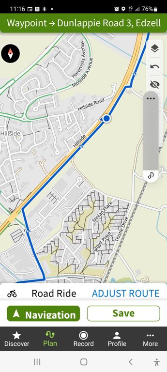 Recorded this as a bit to change. Plan A was to join the A92 cycle path, but I rang Lorraine to stop and wait whilst I re-routed which took several goes then I uploaded it to the Wahoo.  Unbeknowns at the time, I re-routed to Route 1!