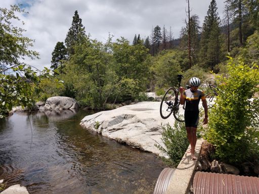 Crossing the North Fork of the Kings. This part can be done, but would need a different bike to climb out. And maybe a chainsaw...