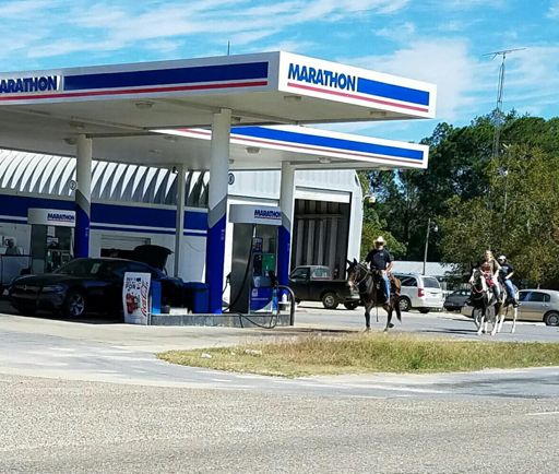 Horses leaving the gas station.
