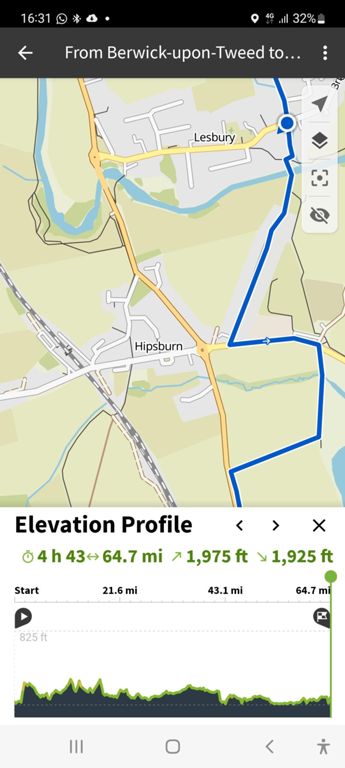 Recording the NCN Route 1 route section which is unsuitable for road bicycles:   the road from the blue dot down to the river, stops then restarts on the diagonal blue straight, the blue south then the blue south west from the yellow road are shown on Google Maps as unpaved.   Again, check anything off-road on Google Maps to see if the route is marked as a continual (paved) or dotted (unpaved) green. From where the south west blue line joins the A1068, there was an off-road tarmac cycle path with a view for 2.5 miles.