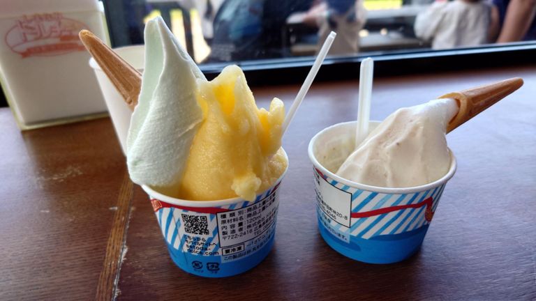 しまなみドルチェ 瀬戸田本店でデザート。 自分(左)は伯方の塩とデコみかんを、奥様はいちじくとレモンを注文♪