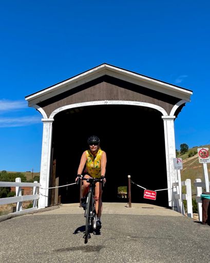 Michele coming out of the covered bridge