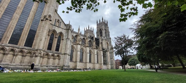 From the Five Sisters towards the nave and main entrance, from the Dean's Park path
