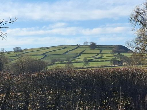 Finn Copp an iron age hill fort with drystone walls. The darker fields have had manure added