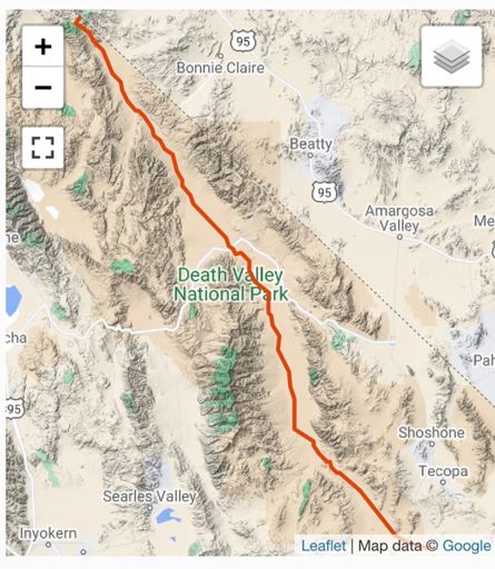 This is the nominal route of the DV Traverse.  But there is no trail or road, nor are we allowed to use one, so really you are allowed to take whatever route you think works best between the two endpoints.  I chose to start in the North and head South.  I diverged from this path a few times to get to a water source at Keane Wonder Spring, and to avoid some of the bad terrain in places.