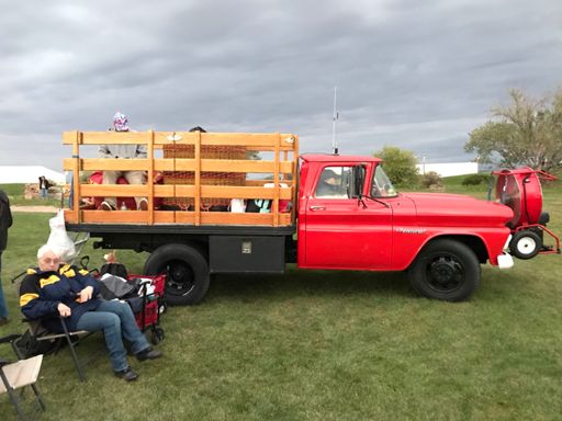 Big Red still holding the gondola, fan and a couple crew members