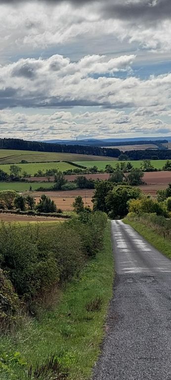 Waterloo Monument, 9 miles south, visible from the Brotherstone T-Junction where we turned right down this road from the B6360.