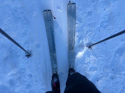 2 skin up ski down laps on the skinny AT skis.  Considering how the base deteriorated from the last earned turn laps on December 21, happy with the two Big Mother-Pussycat laps I was able to do today.