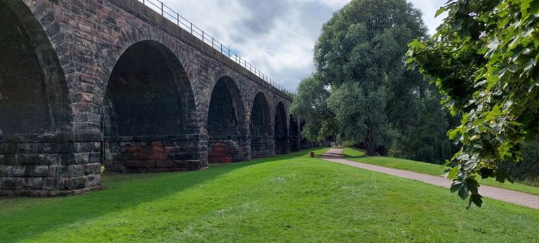 Weaver Railway Viaduct arches on route to Anderton Boat Lift, after realising it was so close. I will include it - by a less rough track - in the revision of today's route.  https://historicengland.org.uk/listing/the-list/list-entry/1161087?section=official-list-entry