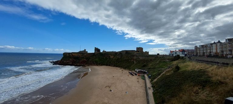 L>R: Coastguard station, ruins of the Benedictine priory founded 1089 and Tynemouth Castle seen across Short Sands, inland from King Edward's Bay. Evidence of Iron Age settlement. Christian buildings from 650s. Castle from 1095. https://historicengland.org.uk/listing/the-list/list-entry/1015519?section=official-list-entry