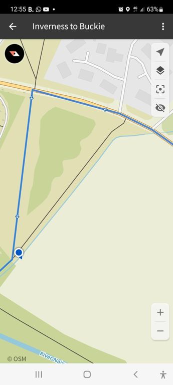 The Komoot route took us further  than we needed to go; there was a tarmac path before it. Our route then followed a path between a cemetery and the River Nairn.