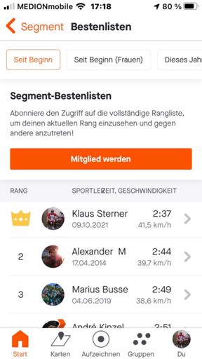 Segmento migliore, 2 km - 2:37 min