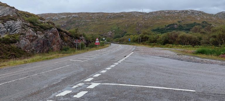 Laxford Bridge T-junction after the bridge, seen from the part of the A838 road to Lairg, aka Midge City