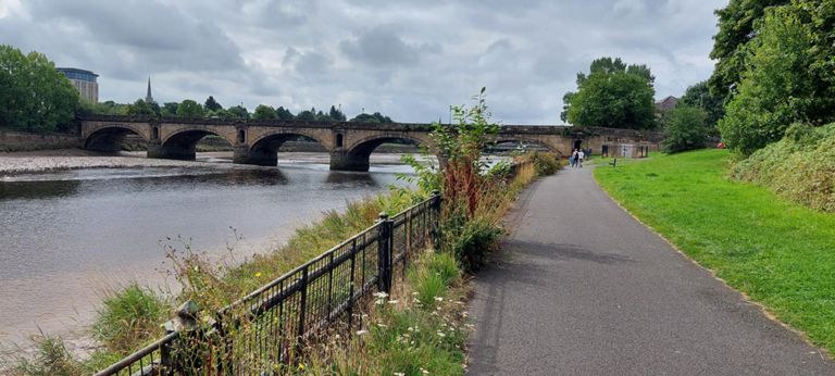 Looking back at the 1787 Skerton Bridge over the River Lune, which takes the A6 south. We had cycled to this point before realising our planned route was actually on a road to the right. However, Jon cycled the length of this path finding it fine, so I will adjust the route accordingly.    https://en.wikipedia.org/wiki/Skerton_Bridge