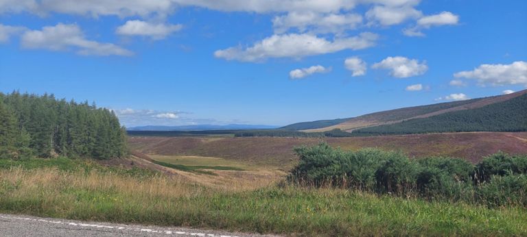 Looking north east towards Tain we cycled through on Day 39, with in the foreground l>r:  edge of forested 984ft/300m Druim na Gaoithe, in the valley:  Casan Fuara (river), and in the middle and to the right Gleann an Oba which climbs to 1204ft/367m above sea level.  Another view of the river course: https://www.geograph.org.uk/photo/3438548